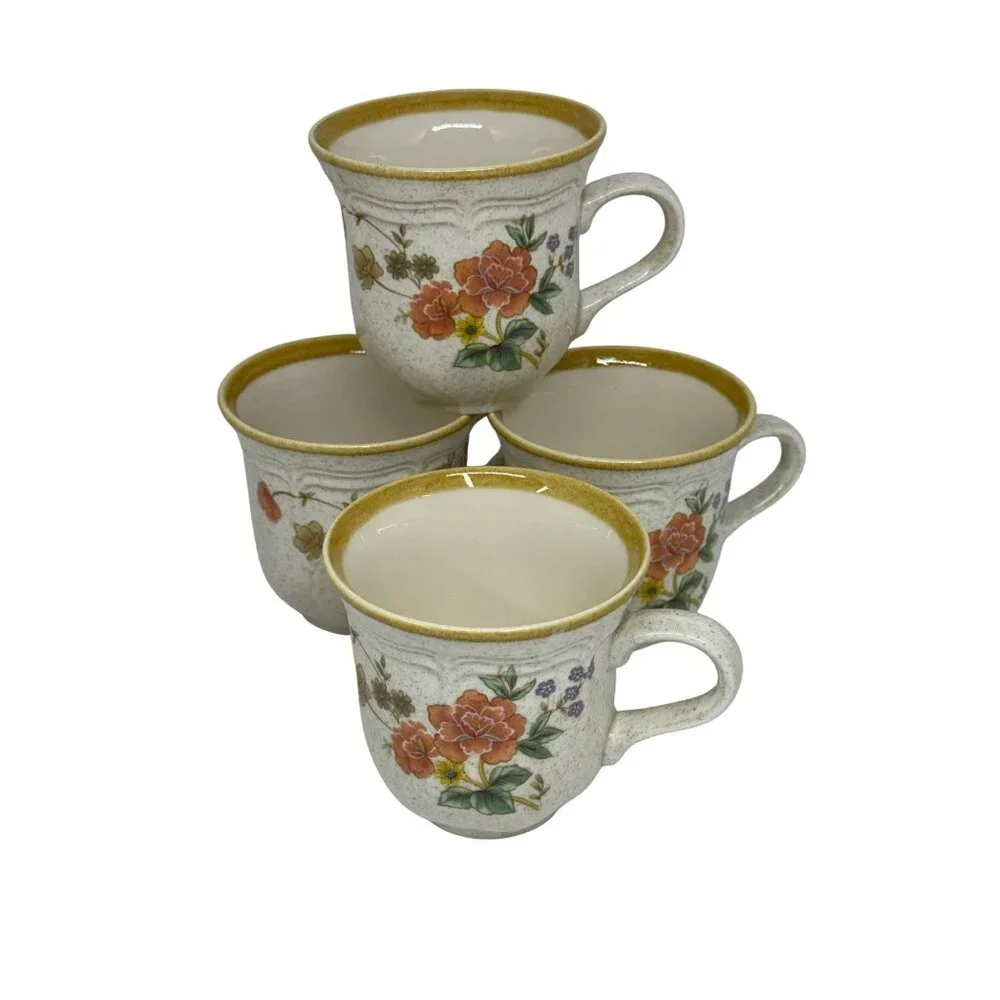 VTG Mikasa Silk Bouquet Garden Club 4 Coffee Tea Cups Floral Stoneware 3.5